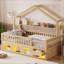 Lit cabane double pour enfants, lit en bois avec barrières de sécurité et rangement sous le lit, lit cabane avec tiroir et lumière, couleur naturelle