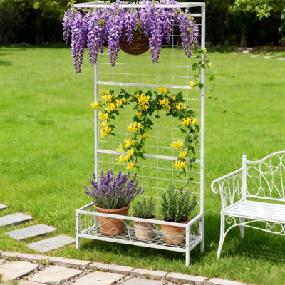 Grand support à plante en métal blanc avec treillis et barre à suspendre pour le jardin, hauteur de 74 po, plantes décoratives, support à pot polyvalent, acier résistant aux intempéries