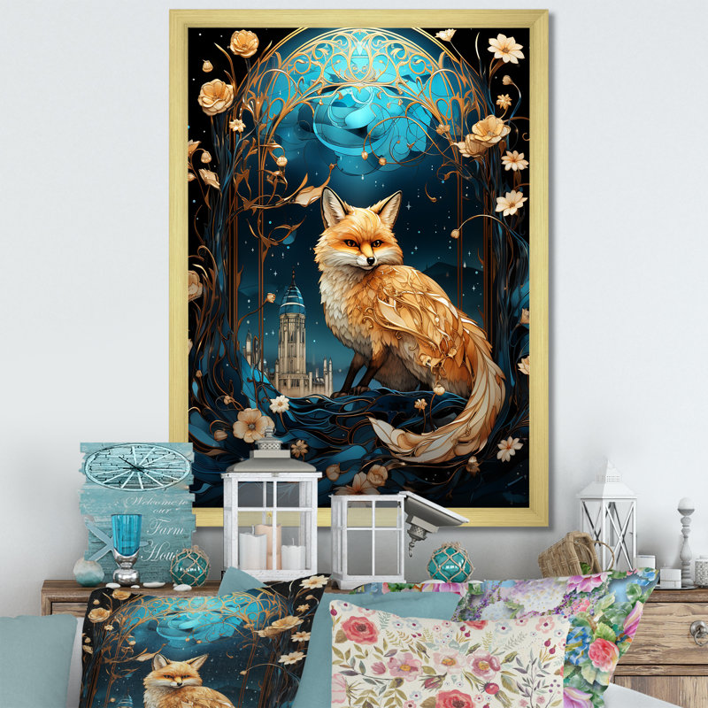 Beige et bleu clair de lune, forêt, renard, art mural animal, Cadre doré simple, H 44 po x l 34 po x P 1,5 po