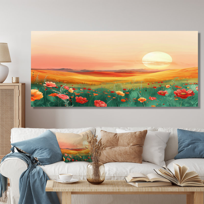«Flower Meadows At Sunset II - Landscape Mountains», art mural, Toile tendue, H 28 po x l 60 po x P 1,5 po