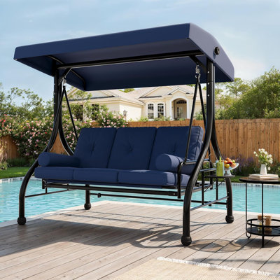 Outdoor Porch Swing with Adjustable Canopy, 3-Seat Patio Swing Chair with Stand, 800LBS Heavy Duty Outdoor Swing for Adults with Cup Holder Tray, Cushion & Pillows, Patio Swings with Canopy for Garden