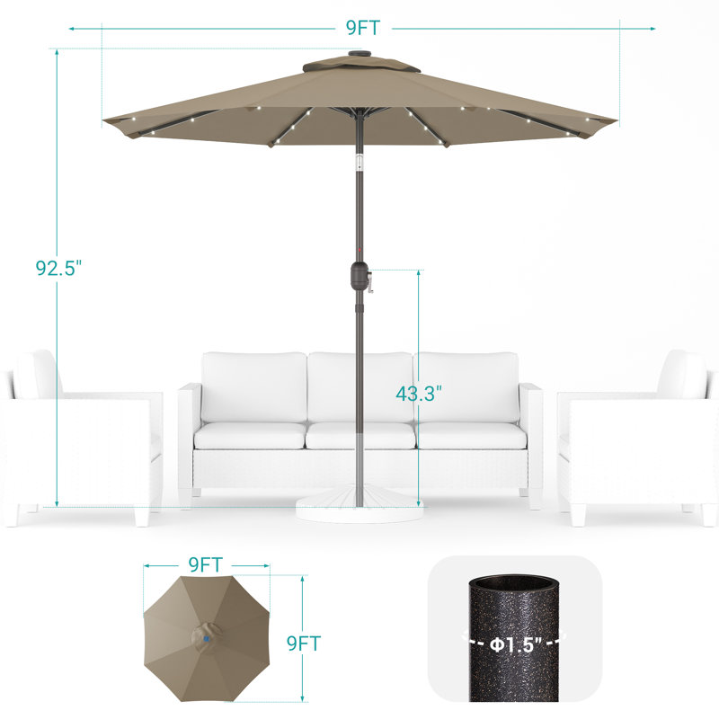 Parasol de marché lumineux 9 pi Odis, Taupe, H 92,5 po x l 108 po x P 108 po