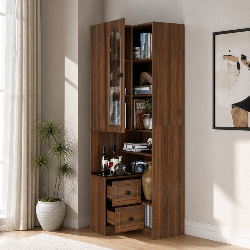 Bibliothèque de coin avec porte vitrée cintrée et 2 tiroirs