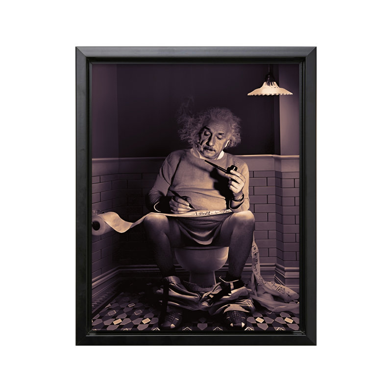 Einstein assis sur une toilette, Cadre noir, Canevas, H 24 po x l 32 po