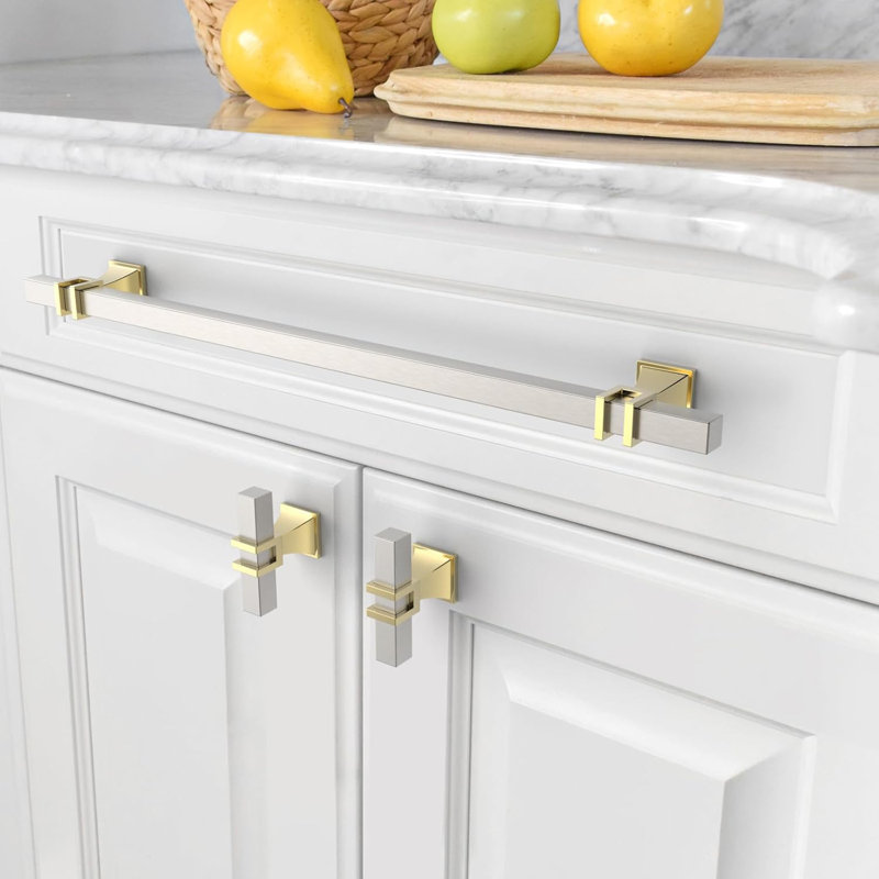 Paquet de 10 poignées d'armoire en nickel satiné et doré brossé, poignées de tiroir centrales de 10 pouces (254 mm), quincaillerie d'armoire de cuisine et de salle de bain, poignées de commode avec finition durable