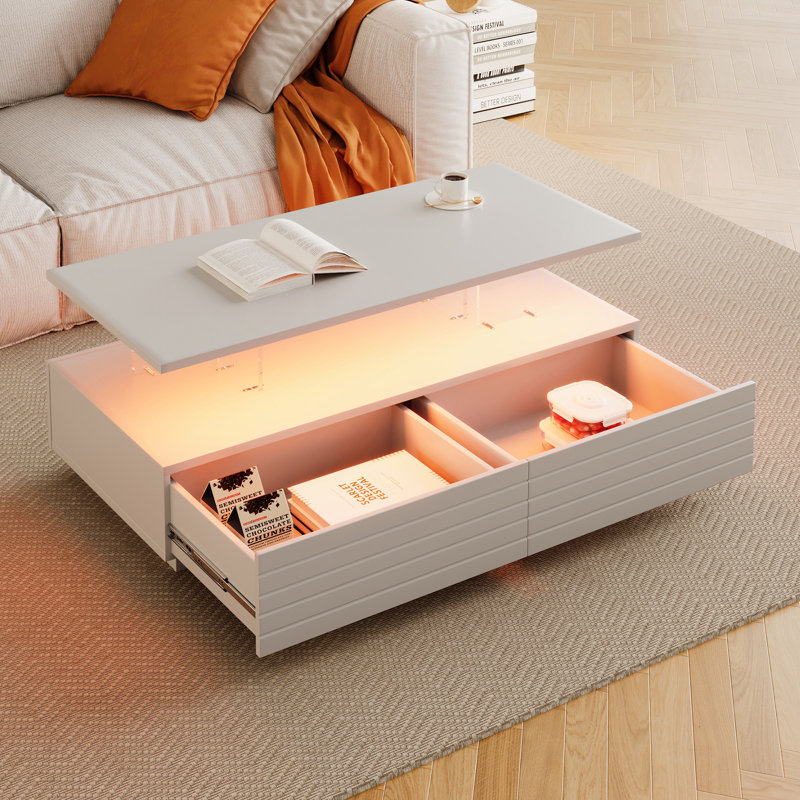 Table basse moderne à 2 tiroirs de 47,2 po avec lumières à DEL blanches modernes (table basse incluse, sans chaises), Blanc