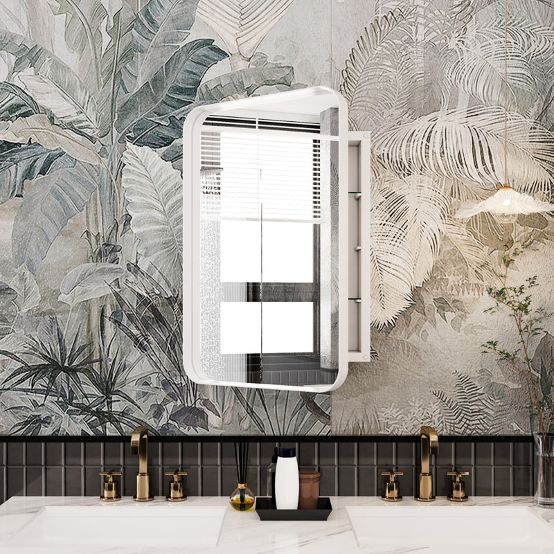 Armoire de salle de bain 16 x 24 pouces avec tablette miroir - cadre en métal blanc, réglable, miroir de rangement encastré, réglable