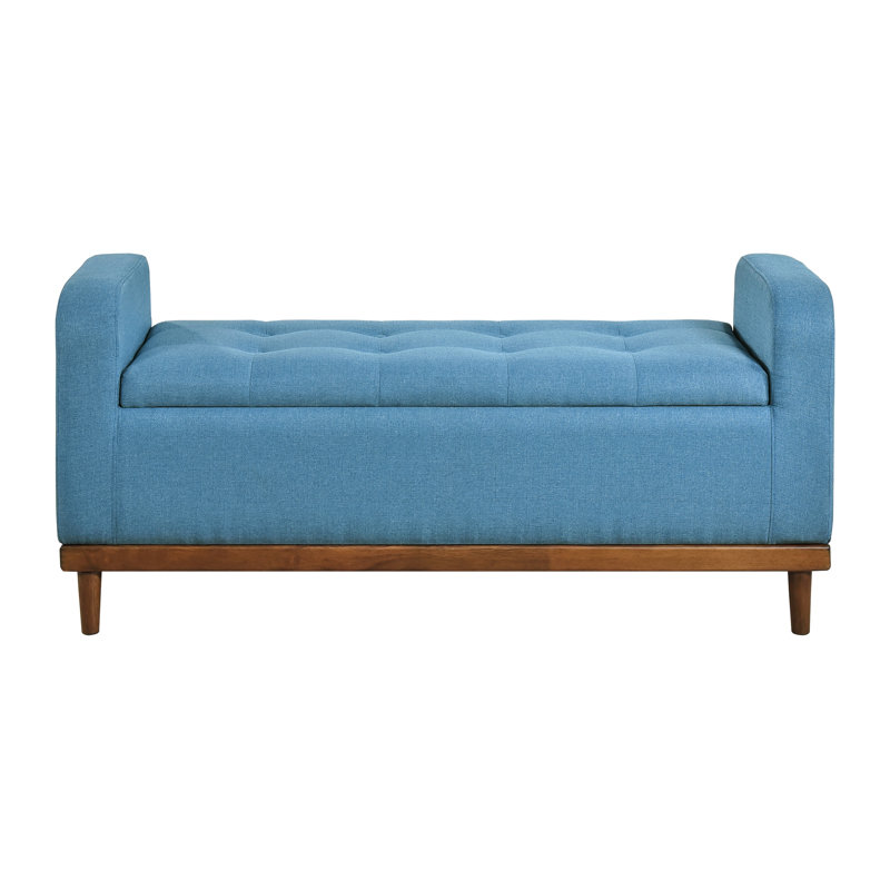 Mid-Century Modern Bedroom Bench With Lift Top Storage, Blue Textured Upholstery, Solid Wood, 300Lbs Weight Bearing Storage Bench, Top, Wood Walnut Frame, Use, Capacity