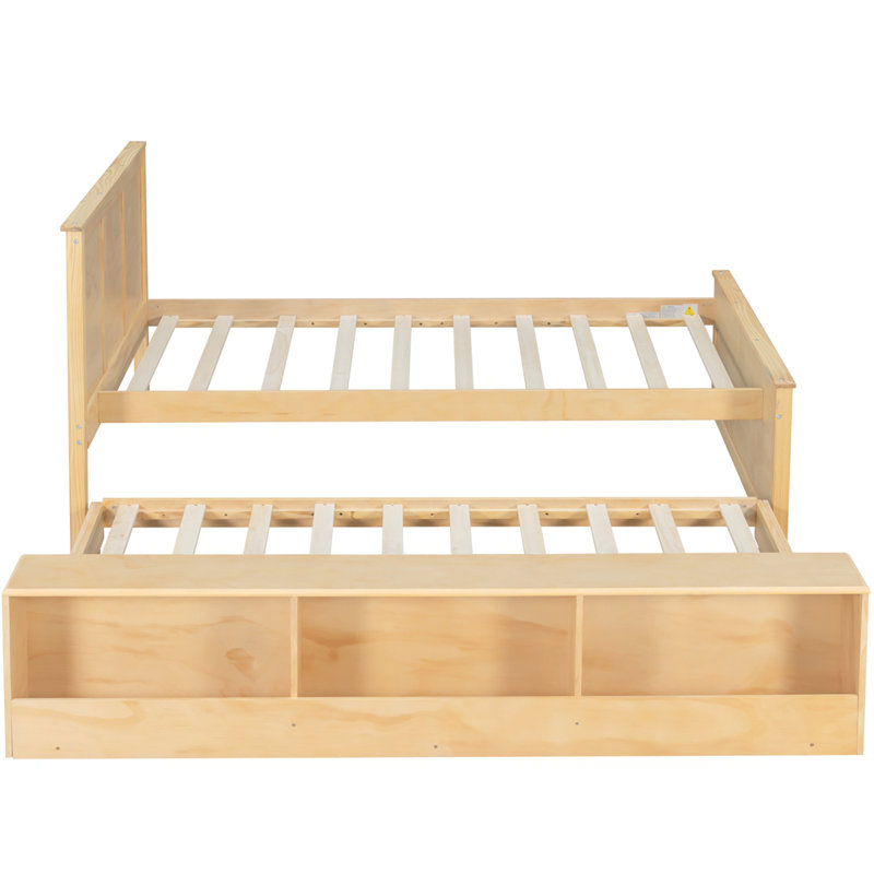 Lit plateforme en bois avec lit gigogne escamotable, armoire de rangement, Lit simple, Naturel