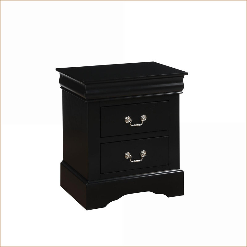 Black Traditional Louis Philippe Wood Composite Nightstand with 2 Drawers, Black