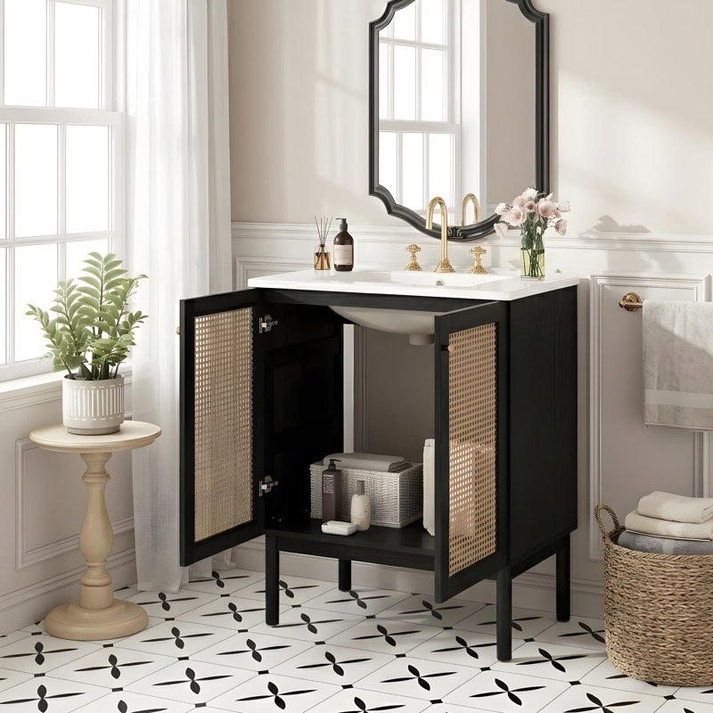 Meuble-lavabo de 30 po avec lavabo en céramique et portes en rotin tissé à la main à fermeture en douceur, Noir