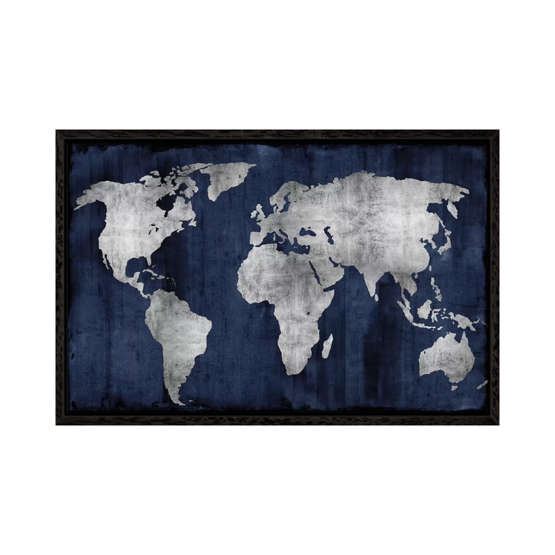 The World - Silver On Blue by Russell Brennan - Print on Canvas, 66.04 cm H x 45.72 cm W, Black Floater Framed