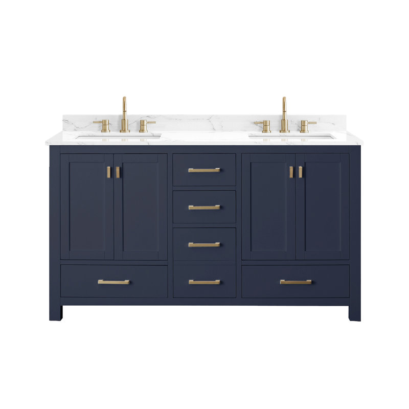 Modero 60" Double Bathroom Vanity with Top, Navy Blue, Cala White Marble