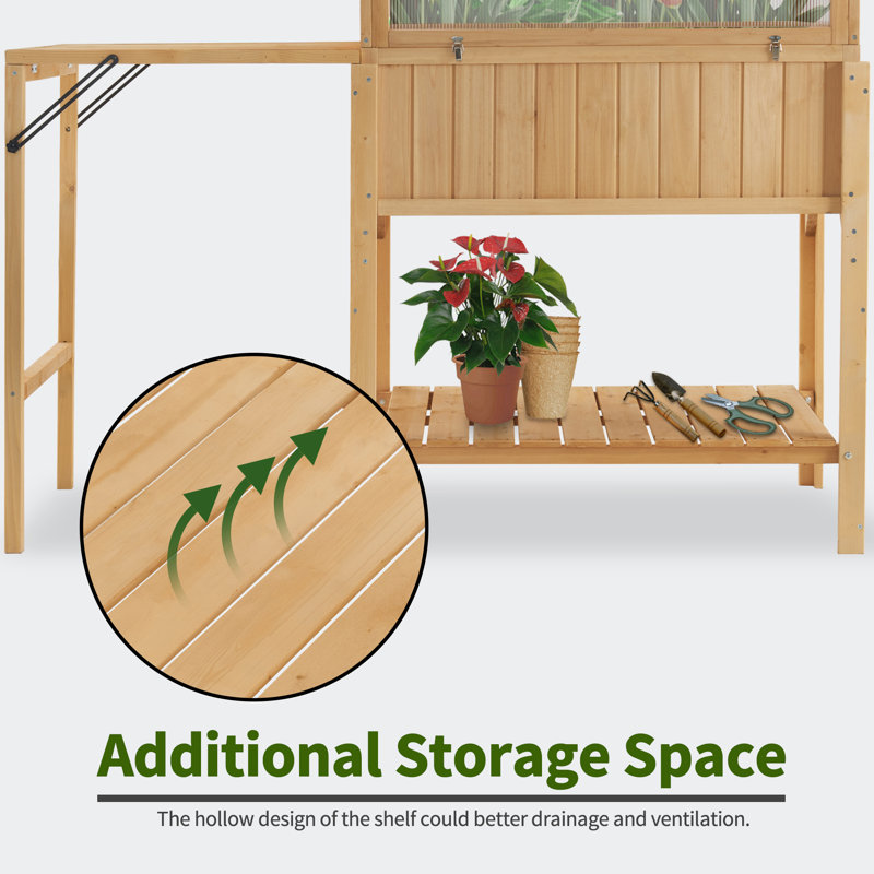 Natural Fir Wood Cold Frame Greenhouse with Foldable Potting Table