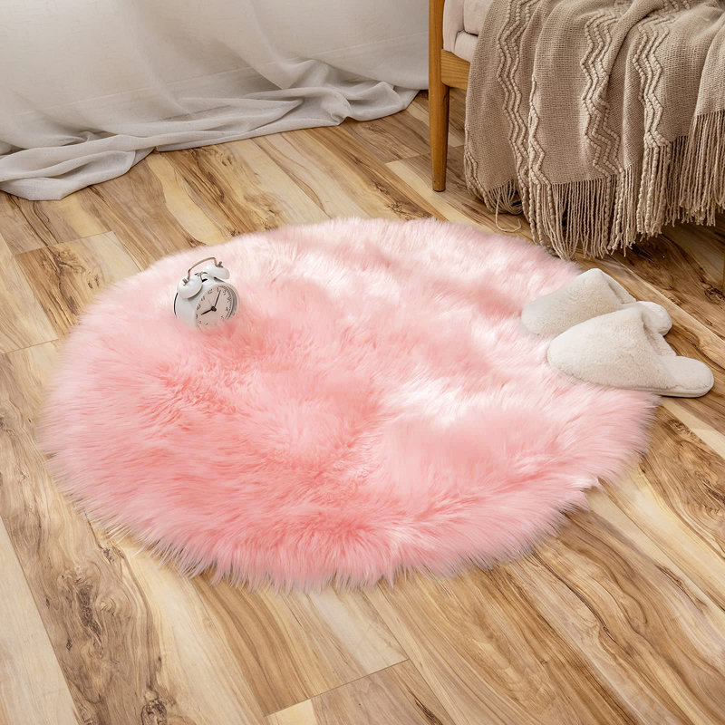 Daruis Faux Sheepskin Fur Shag Washable Rug in Soft Pink, Round 4'
