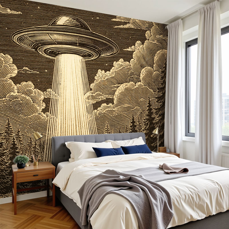 Papier peint auto-adhésif mural UFO Beam Forest Sunset, L 144 po x l 100 po