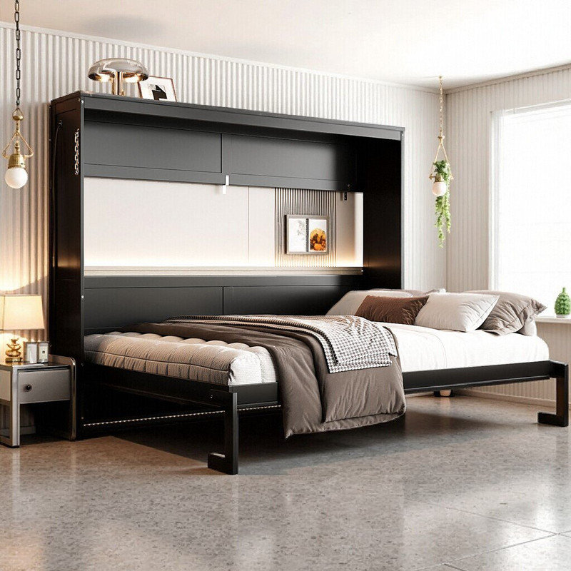 Grand lit escamotable imprimé grand et simple avec éclairage DEL et charge USB, Noir, Grand lit