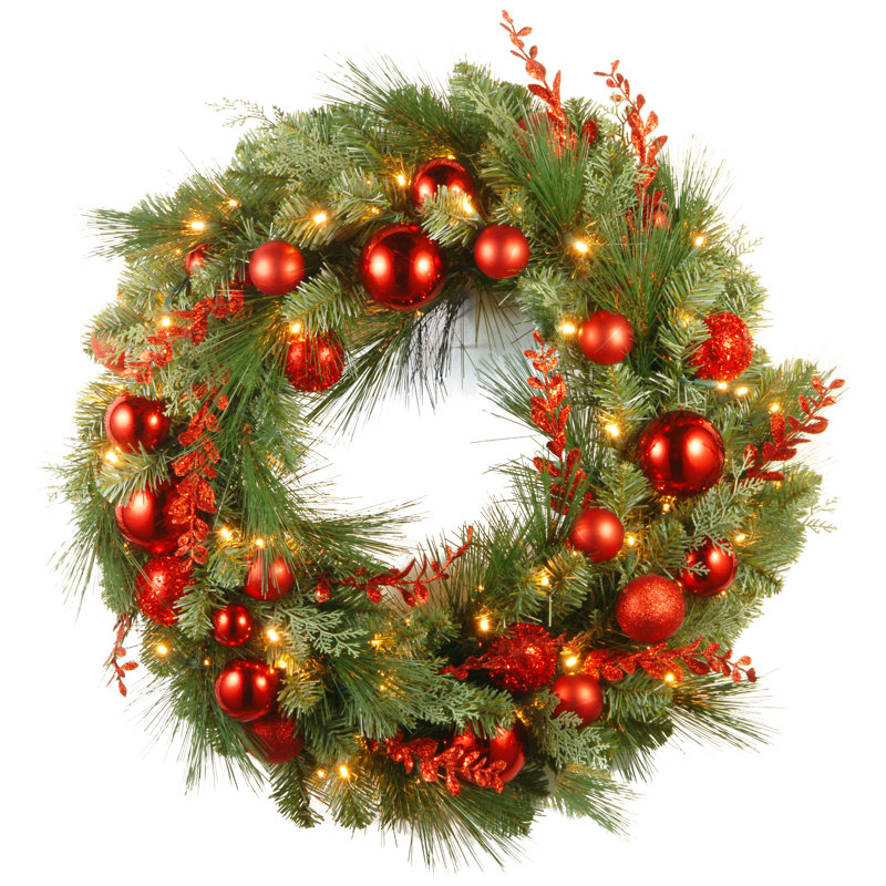 The Holiday Aisle® Decorative Collection Christmas Red Mixed Wreath with Battery Operated Lights, 30"