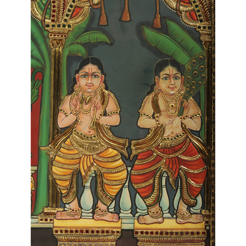 Sri Pancha Tattva Tanjore Painting - Five Truths Krishna Bhakti Traditional Religious Wall Art with 24K Gold Work, Framed Hindu Spiritual Decor 27.5" x 21.5"