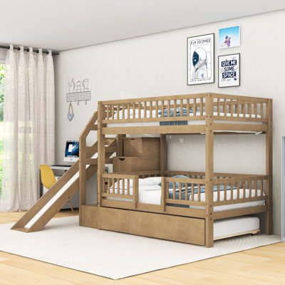 Twin over Twin Wooden Bunk Bed with Trundle, Slide and Storage Stair