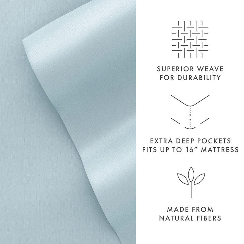 Ensemble de draps 100% rayonne de bambou, Ensemble de draps pour grand lit avec 2 taies d'or, Bleu clair