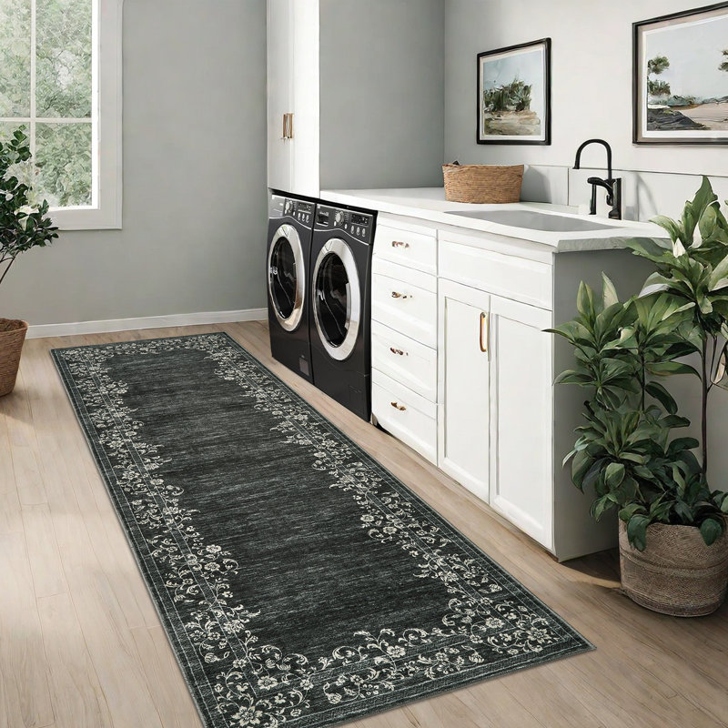 Machine Washable Non-Slip Rugs for Living Room Border Floral Vintage Distress Print Carpet Indoor Non-Shedding Rugs for Living Room Dining Room