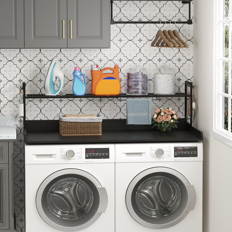 Washer Dryer Countertop With Adjustable Shelf, Splice Type, 54" X 27.5" Melamine Cover For The Top With Edge Rails, Towel Rack, 8 Hooks, Laundry Room Storage And Organization