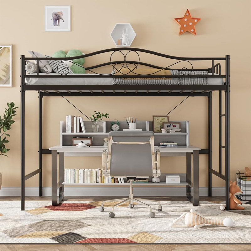 Heavy Duty Twin Loft Bed Frame, Ladder Included, Full Safety Guardrail, Metal Capacity, Space-Saving, Black