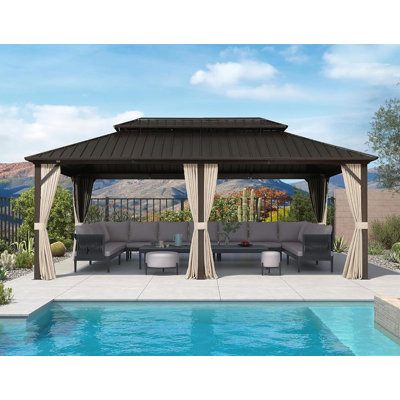 Aluminum Patio Hardtop Bronze Gazebo with Privacy Curtain and Mosquito Netting