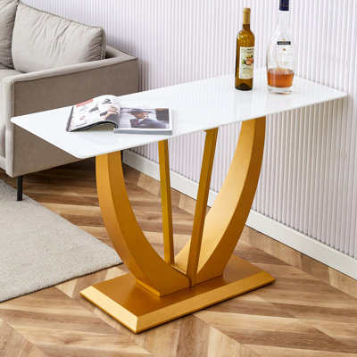 Modern And Simple Rect Rectangular Glass Dining Table With Patterned 0.39" White Top, Gold Legs, Ideal For Entrance And Living Room Decor, Available In White/Transparent + Glass Variants