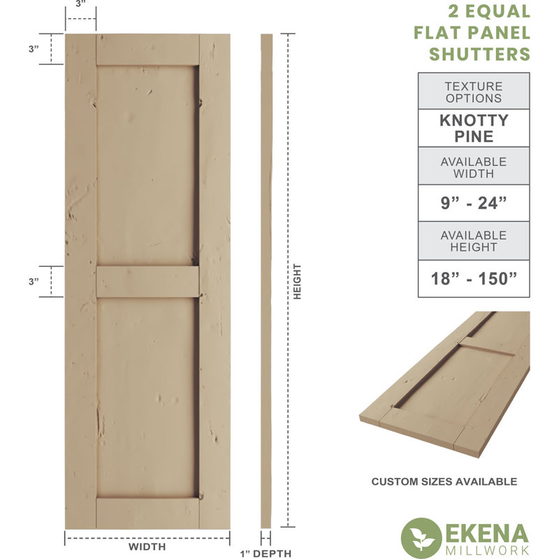 Rustic Two Equal Panel Flat Panel Faux Wood Shutters (Per Pair), 18", Knotty Pine Texture/Primed Tan, 24"