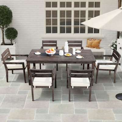 7-Piece Patio Dining Set, Solid Wood with 1 Sturdy Table and 6 Cushioned Chairs