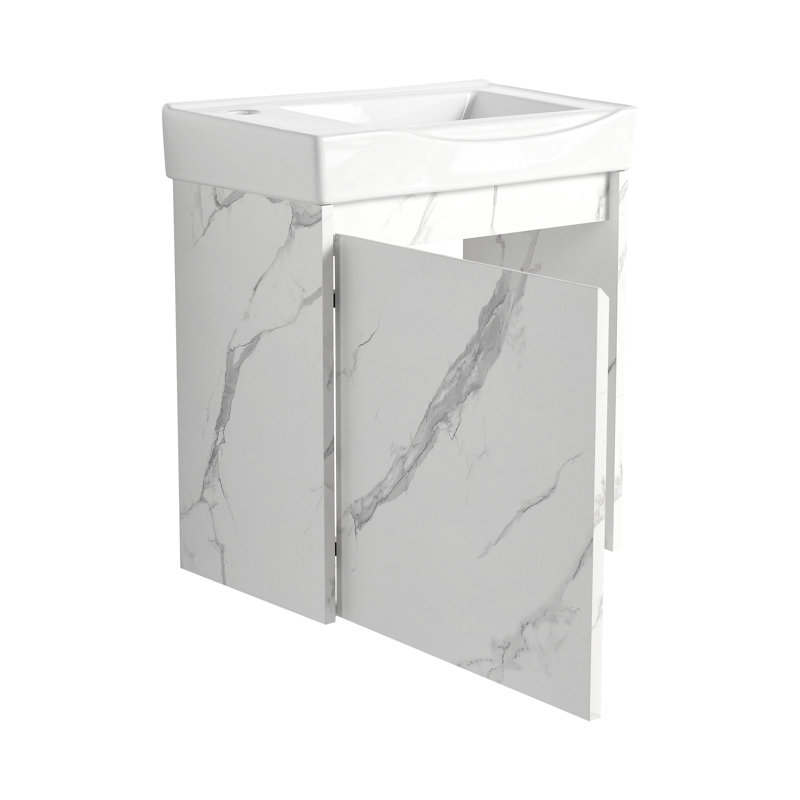 Meuble-lavabo mural contemporain avec lavabo en céramique, armoire de rangement avec portes, Blanc