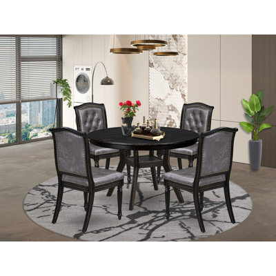 Ensemble de salle à manger moderne 5 pièces comprenant une table ronde de style Mid-Century et 4 chaises en polyester texturé marron avec haut dossier et finition noire sablée.