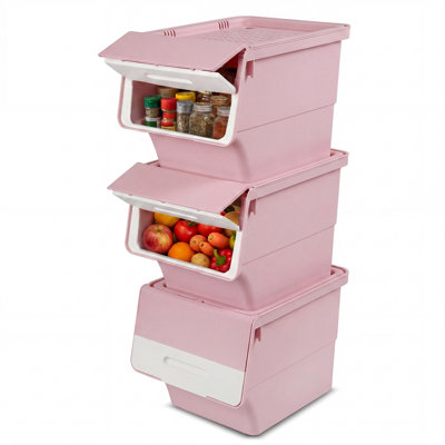 Paquet de 3/6 bacs de rangement roulants avec couvercles, organiseurs empilables emboîtables en plastique blanc et rose