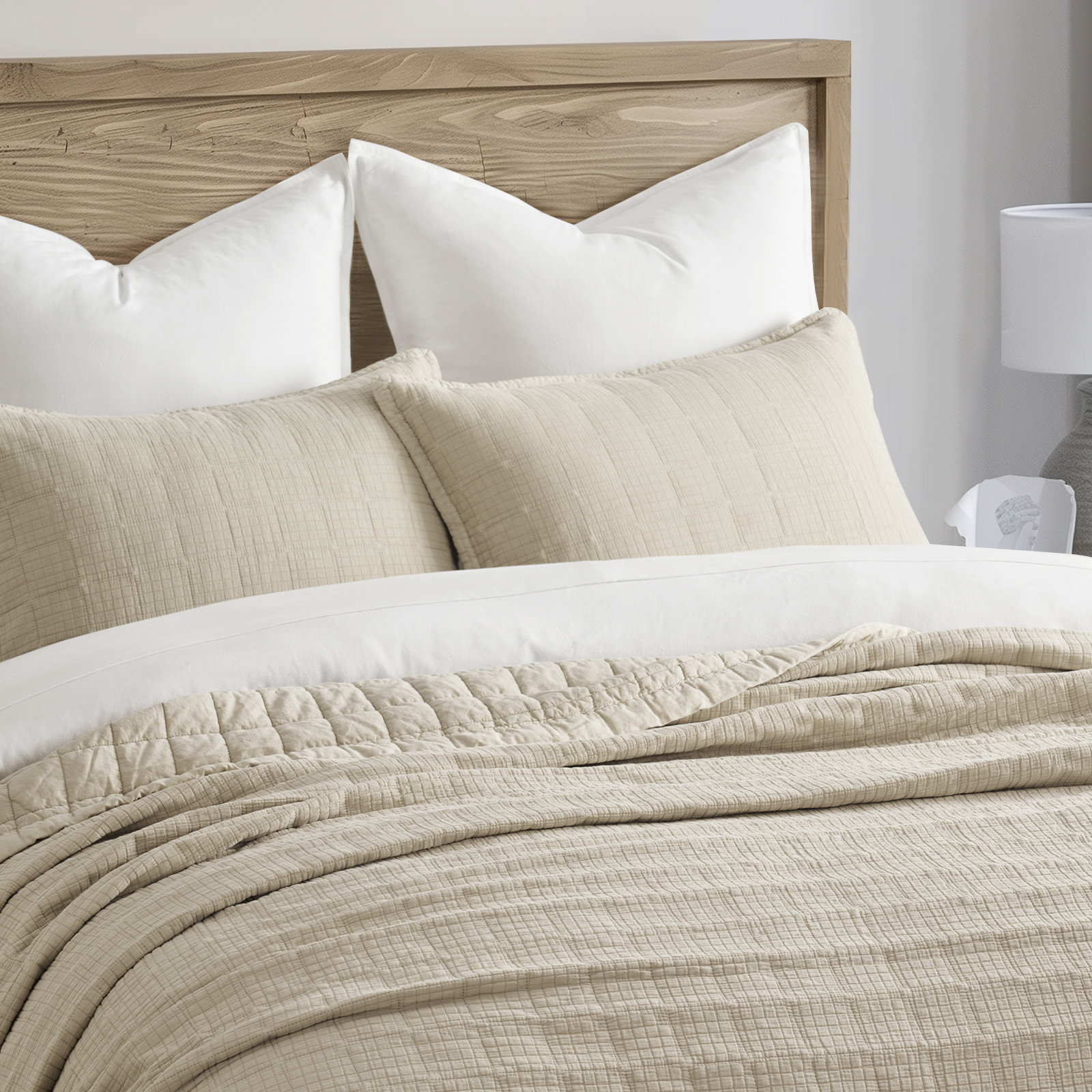 Stonewashed Crinkle Cotton Box Stitch Quilt Set, Flax Beige, Queen Quilt + 2 Queen Shams