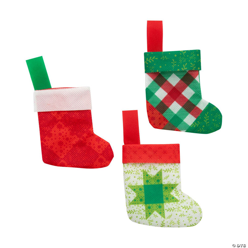 Mini décoration de bas de Noël en patchwork 3 1/2 x 4 pouces - 12 pièces