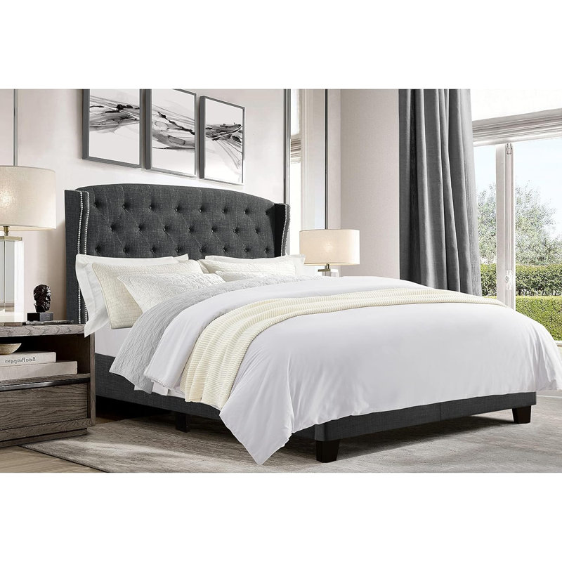 Structure de lit avec tête de lit capitonnée / revêtement en tissu, Lit double, Gris foncé