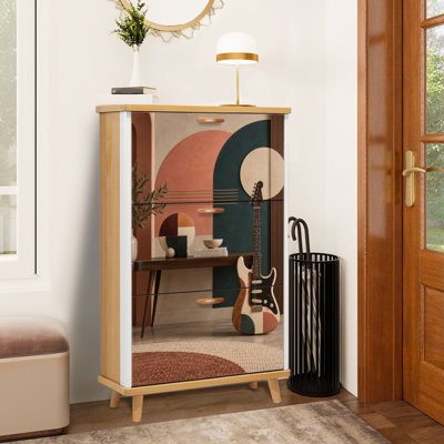 Meuble à chaussures à 3 tiroirs rabattables, style moderne, inspiration guitare, décoration murale géométrique abstraite, tons chauds, étagère à chaussures sur pied, meuble de rangement étroit et discret en bois pour entrée, couloir, hall d'entrée, dressing, appartement ou petit espace.