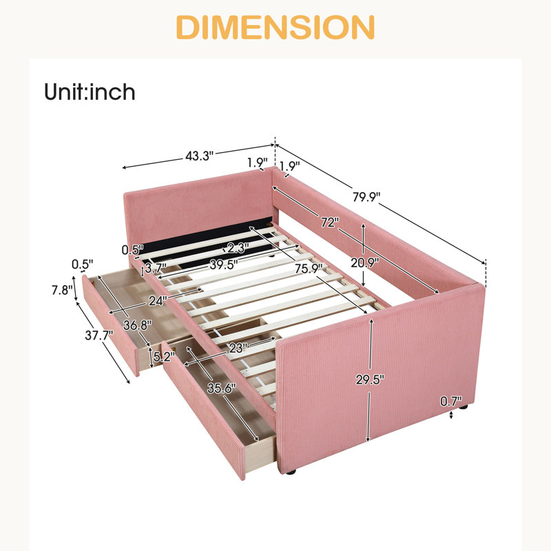 Twin Size Corduroy Daybed With Two Drawers And Wood Slat, Pink