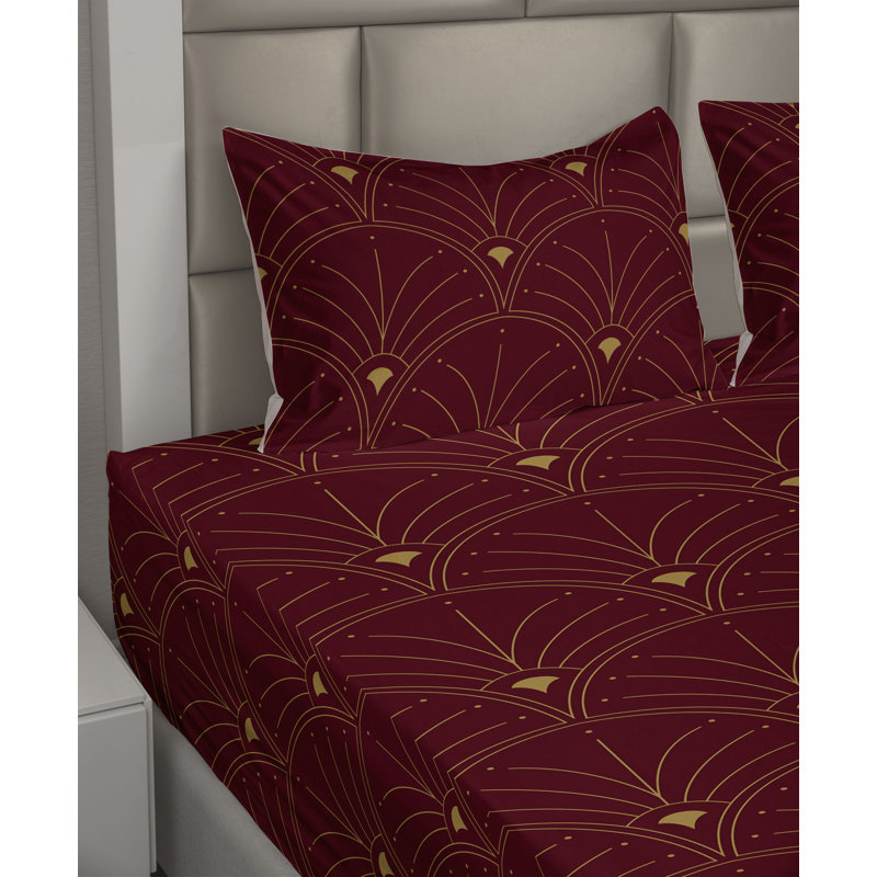 Microfiber Sheet Set, King Sheet Set with 2 Pillowcases, Burgundy/Sand Brown Geometric