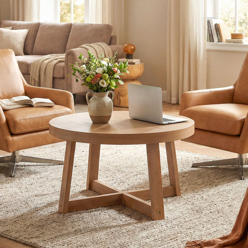 Table basse ronde de 30 po avec base en bois massif en forme de croix et table de thé décorative Farmhouse, Bois jaune moyen