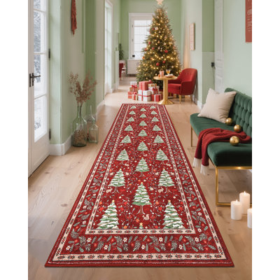 Tapis de Noël lavable, antidérapant, à poils courts et résistant aux marques - Motif sapin de Noël et animaux - 60 x 180 cm - Rouge - Fabriqué aux États-Unis