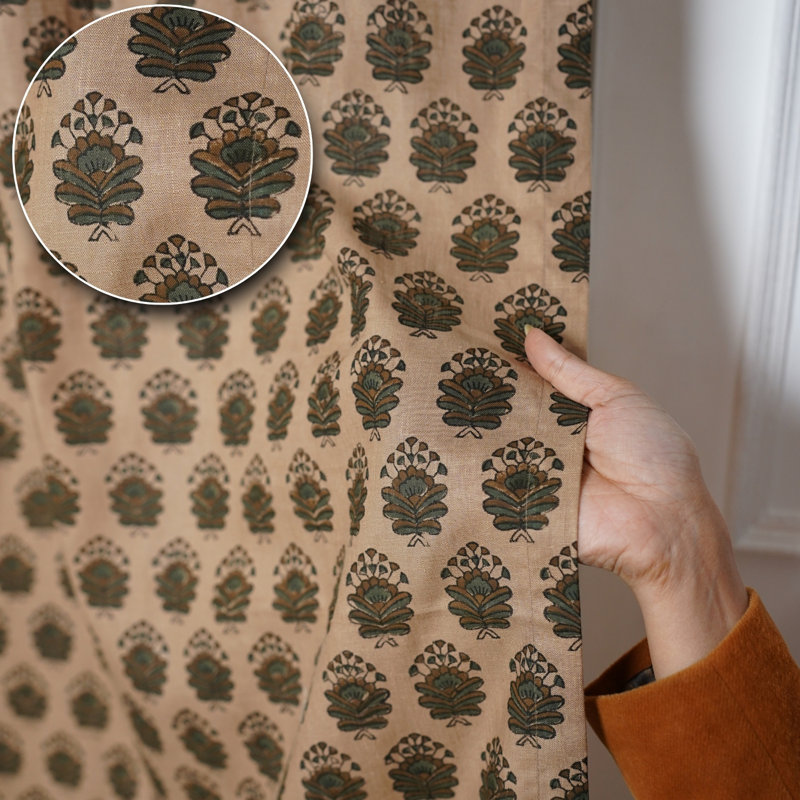 Floral Block Print Linen Curtain Handmade & Eco-Friendly, Bheeshma, Brown, 54" W x 63" L