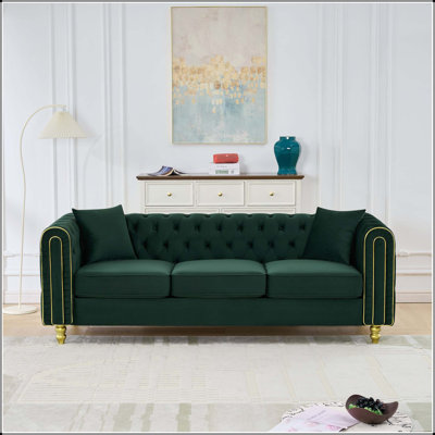 86" Velvet Button Tufted 3-Seater Sofa with Gold Legs, Chesterfield Style