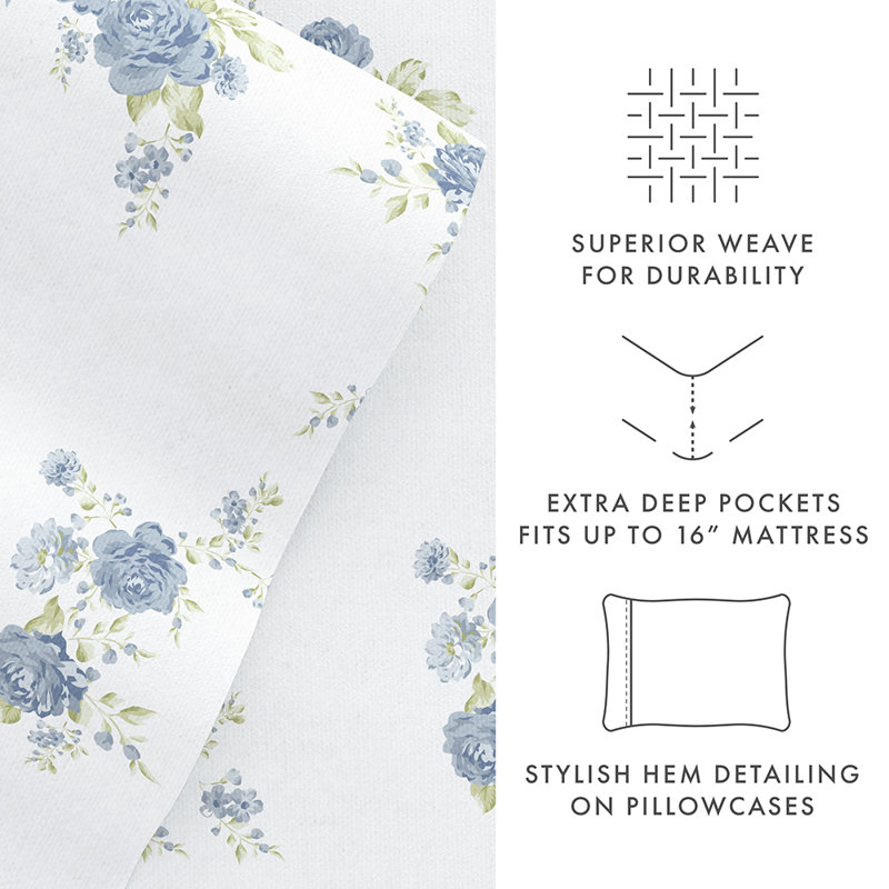 Sheet Set 100% Cotton Patterned Flannel Super Soft Bedding, Light Blue Rose Bunch, King Sheet Set with 3 Additional Pieces