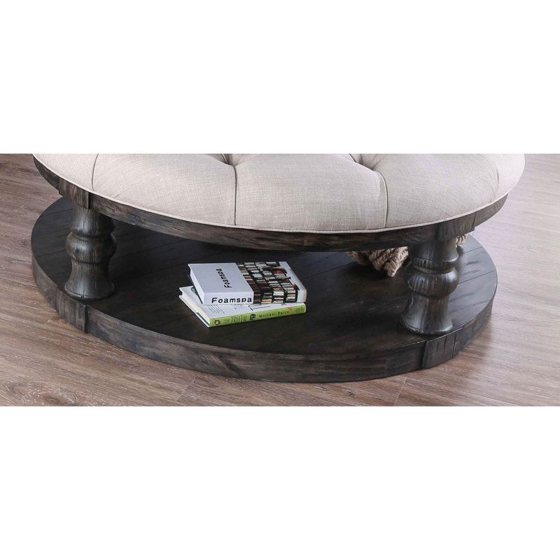 Table basse ronde en bois de style rustique avec pieds tournés et tablette ouverte au fini gris antique, Gris antique