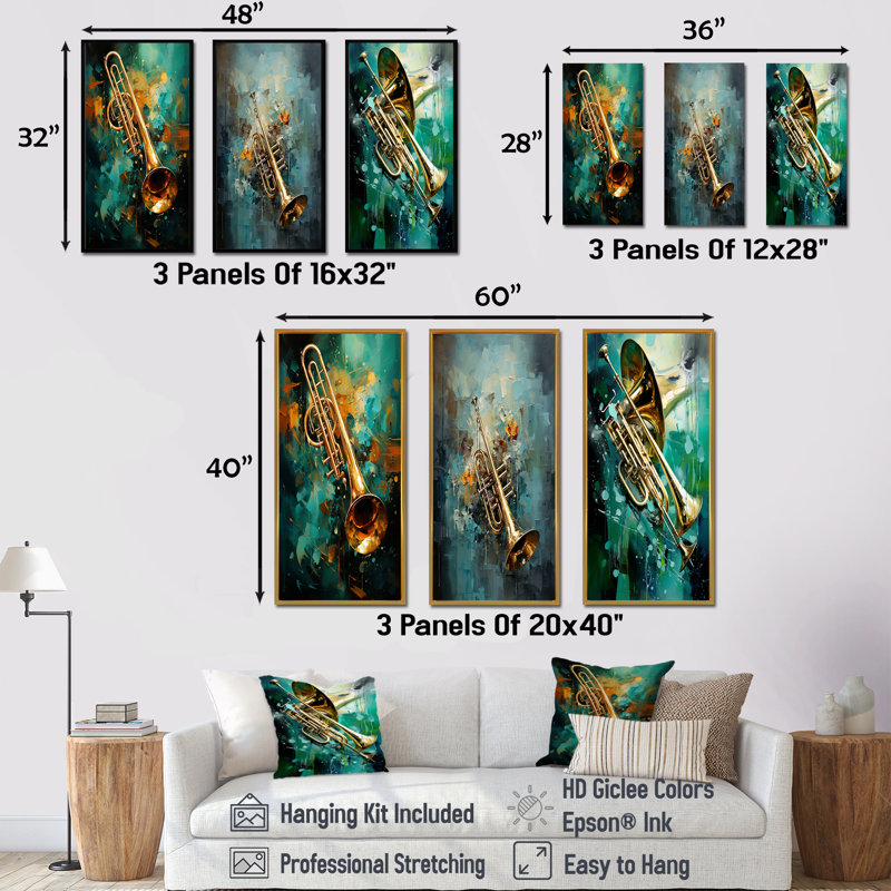 Trombone Tribute Jazzed Jade - ensemble de 3 reproductions d'art sur toile, Cadre flottant noir, H 40 po x l 60 po