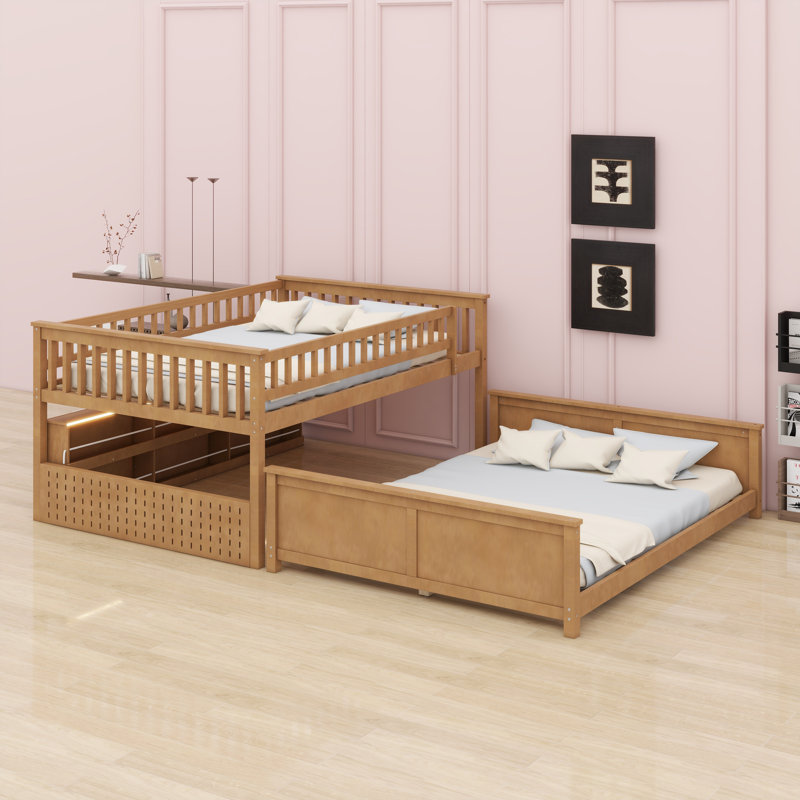 Lit superposé de style loft avec rangement intégré, lumières réglables et panneau perforé, Brun