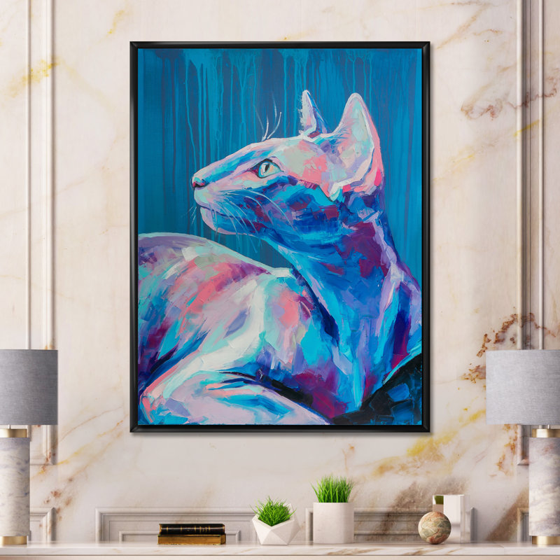 Pop Art, Sphynx bleu, art mural moderne sur toile, H 12 po x l 8 po x P 1 po, Toile à cadre flottant noir